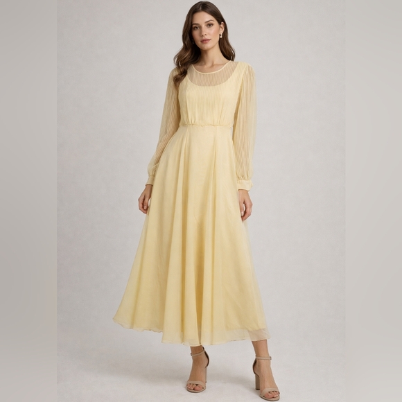 Dresses & Skirts - Extremely Beautiful And Wellmade Yellow Pleated Long Dress With Full Sleeves
